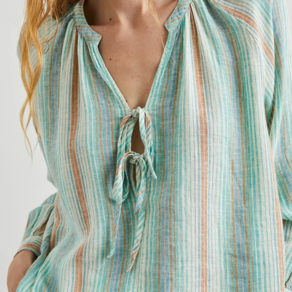 Rails Brielle Linen Top Green and White Tie Front Long Sleeve Blouse XXL NWT - Picture 5 of 12